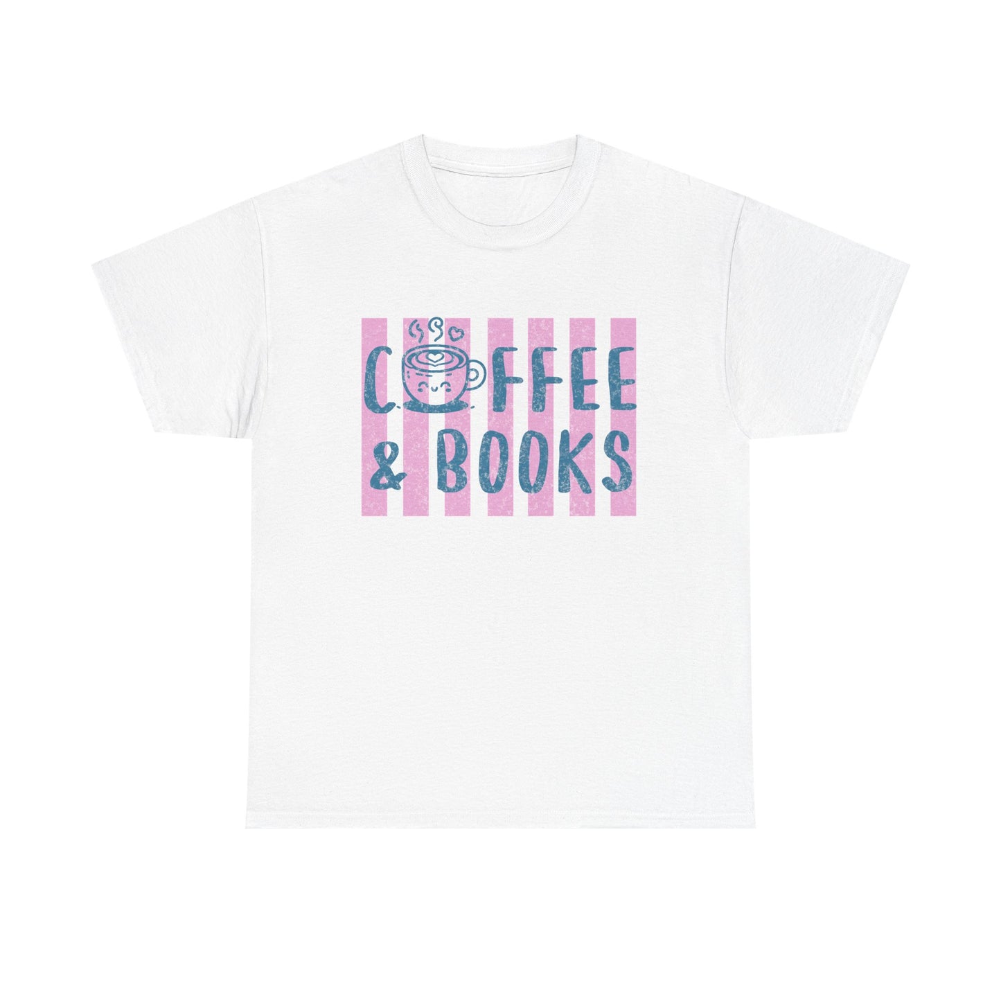 Cottagecore Book Lover T-Shirt – Coffee and Books Pink Graphic on Blue Stripe Tee on Gildan