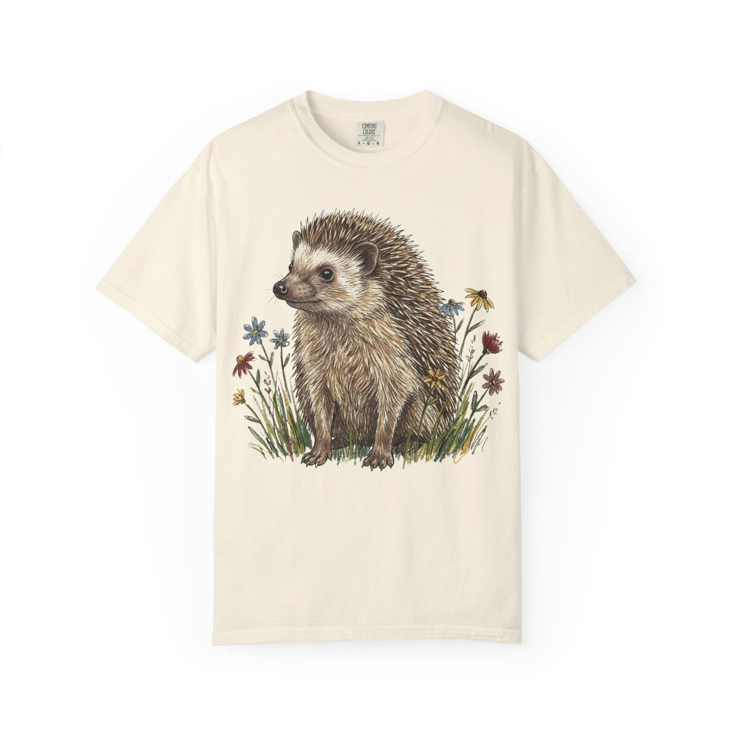 Cottagecore Hedgehog T-Shirt – Floral Woodland Animal Graphic Tee on Comfort Colors for Nature Lovers