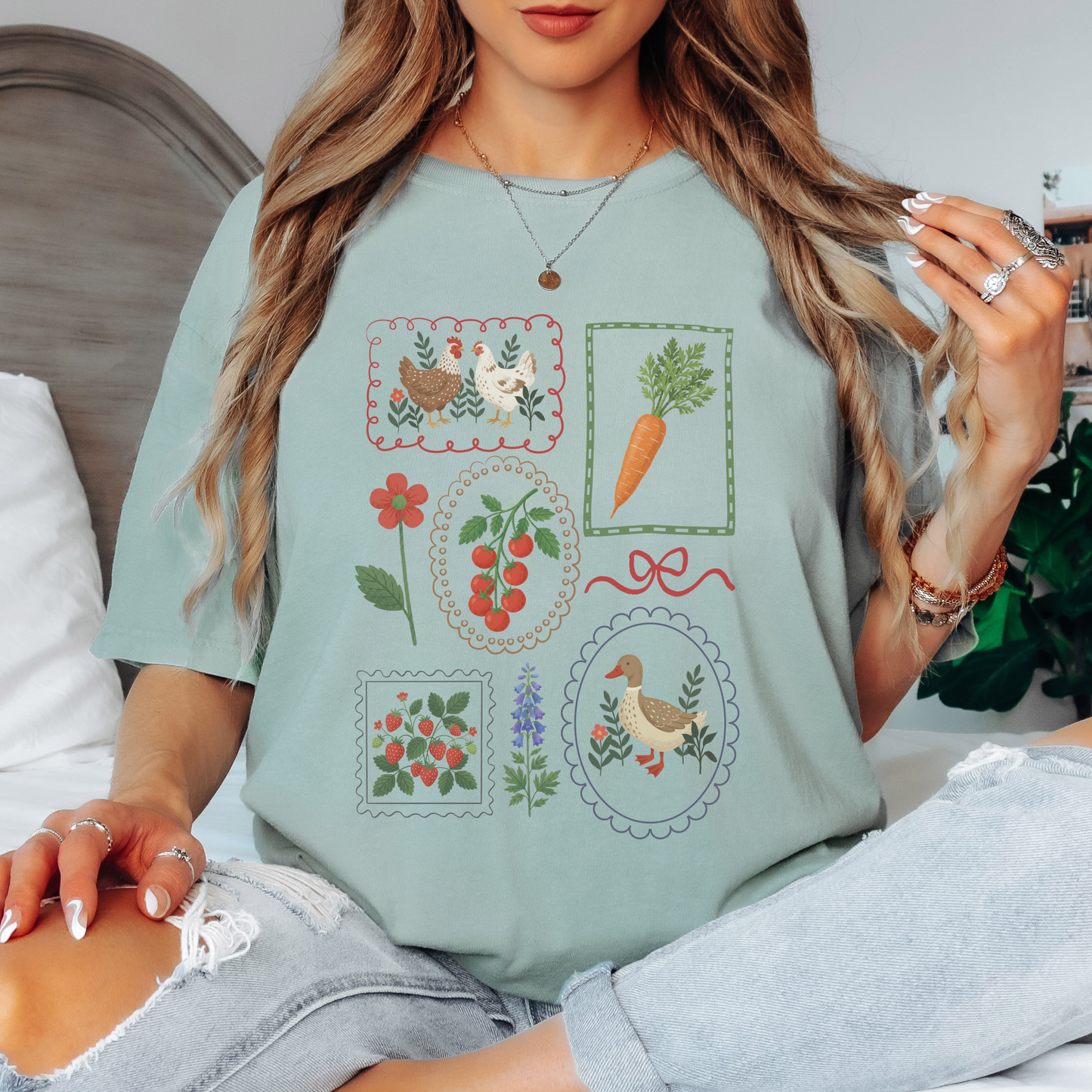 Cottagecore Garden T-Shirt – Vintage Veggie, Chicken & Duck Frame Graphic Tee on Comfort Colors for Gardeners