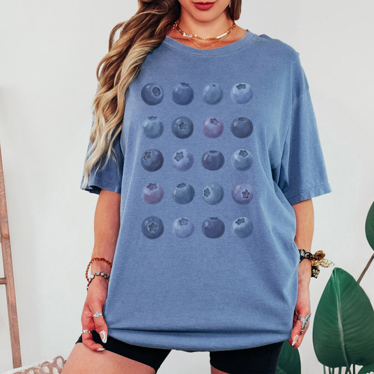 Cottagecore Blueberry T-Shirt – Vintage Fruit Grid Graphic Tee on Comfort Colors for Gardeners