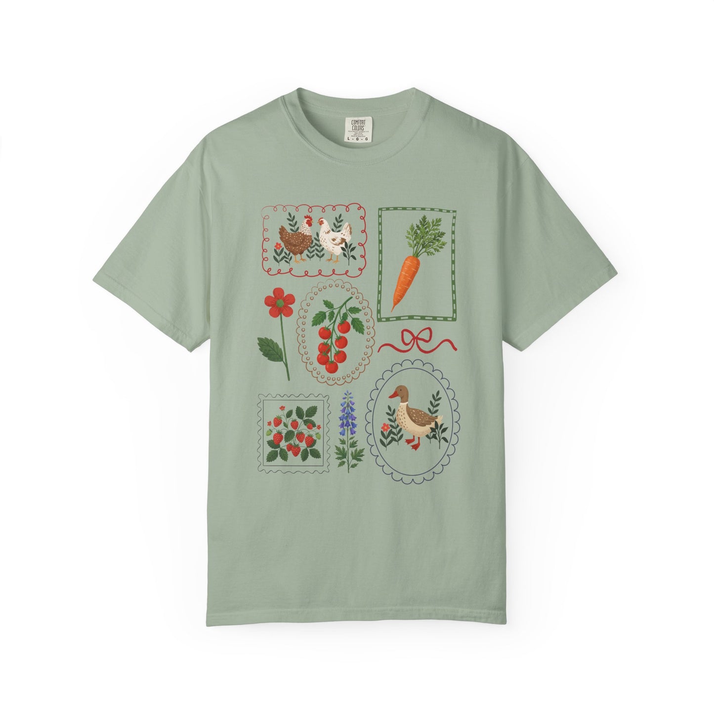 Cottagecore Garden T-Shirt – Vintage Veggie, Chicken & Duck Frame Graphic Tee on Comfort Colors for Gardeners