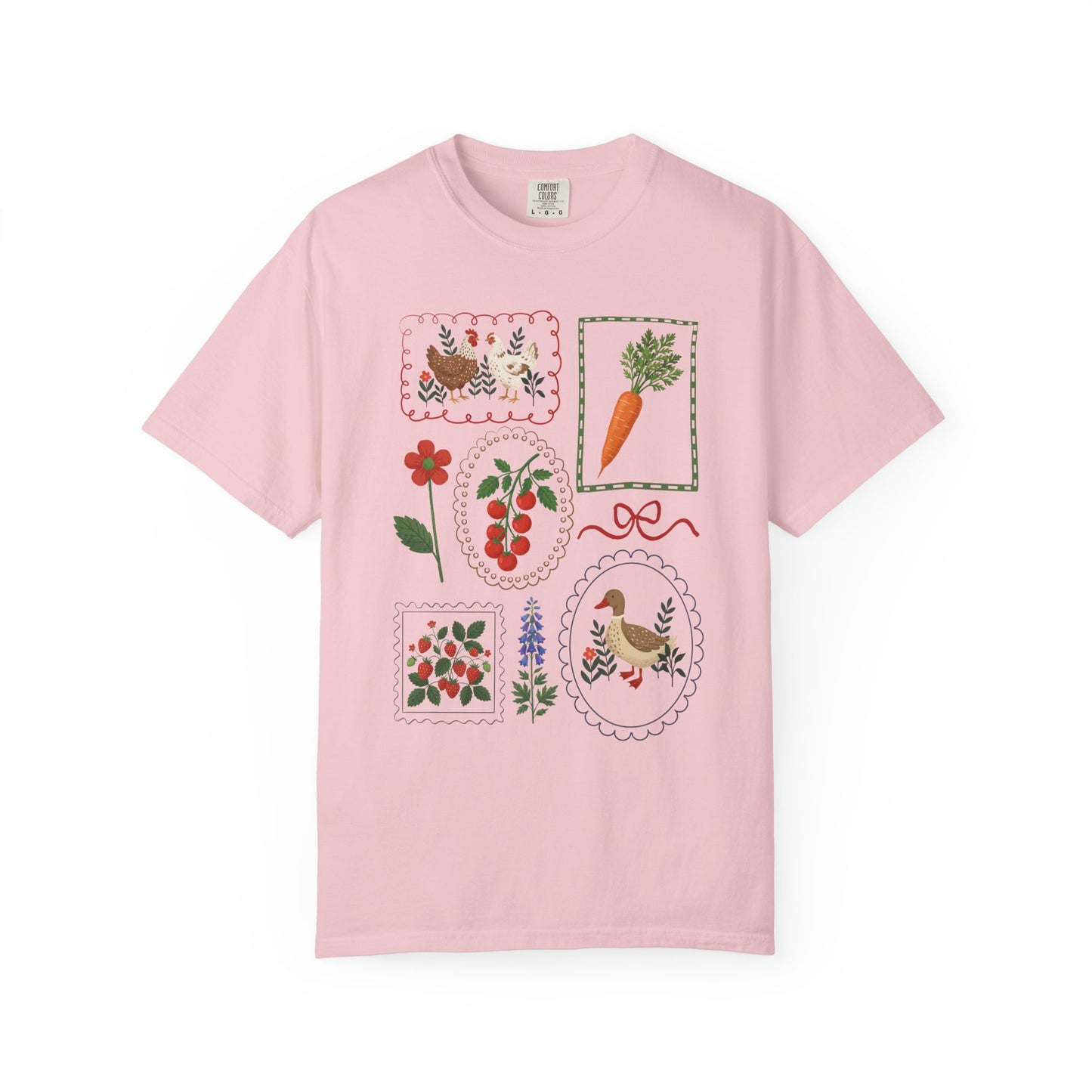 Cottagecore Garden T-Shirt – Vintage Veggie, Chicken & Duck Frame Graphic Tee on Comfort Colors for Gardeners