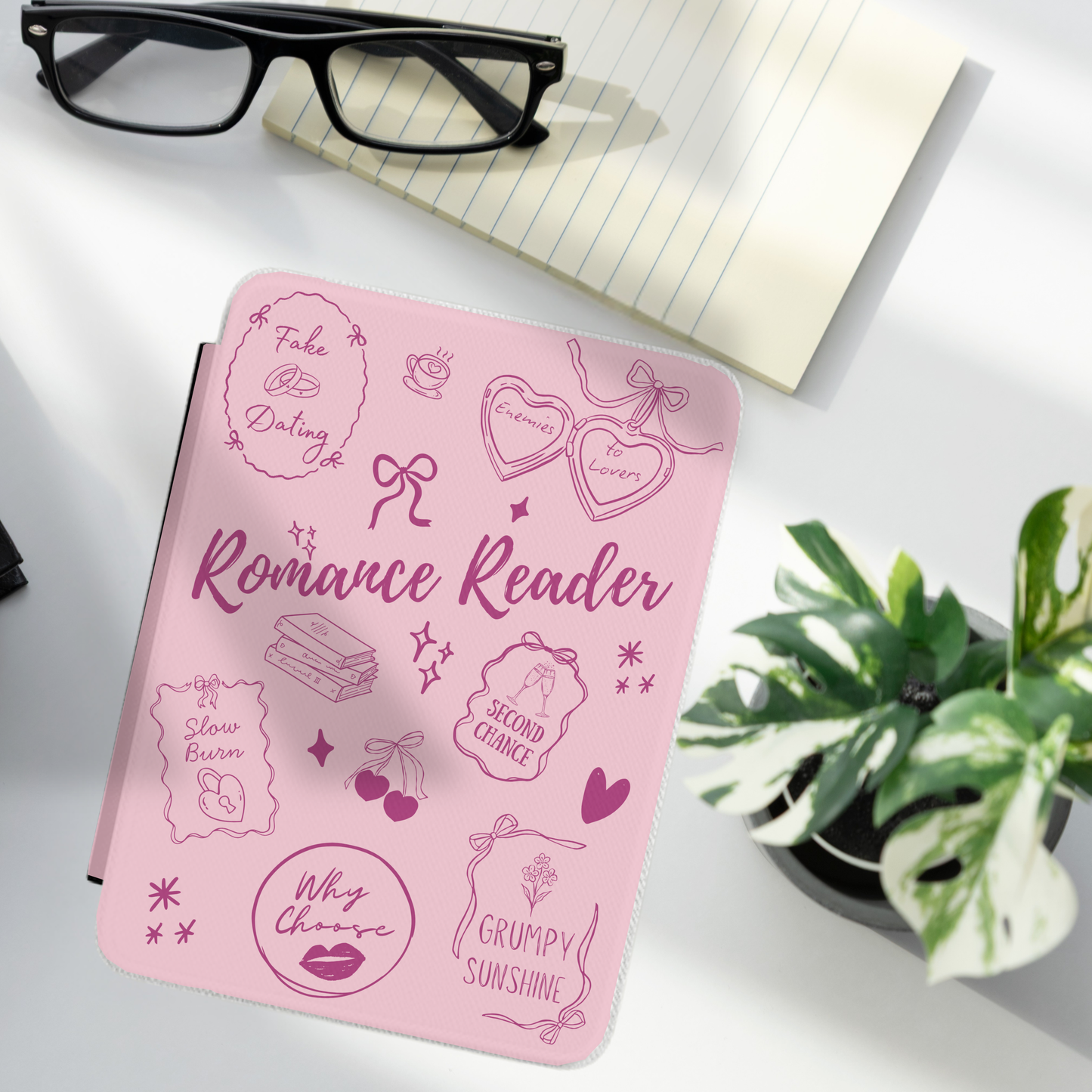 Romance Reader Kindle Case – Pink Book Tropes Aesthetic E-Reader Cover for Romance Lovers