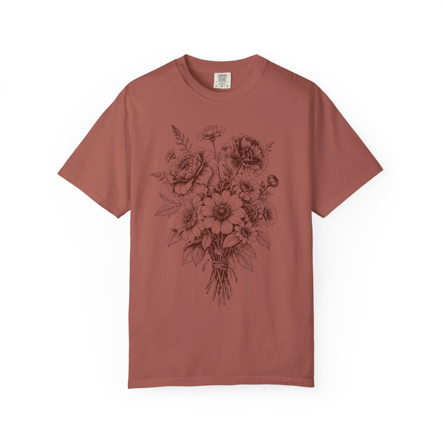 Cottagecore Bouquet T-Shirt – Linocut Vintage Floral Graphic Tee on Comfort Colors for Garden Lovers