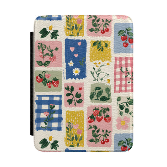 Cottagecore Strawberry Kindle Case – Patchwork Floral Fruit Aesthetic E-Reader Cover for Book Lovers