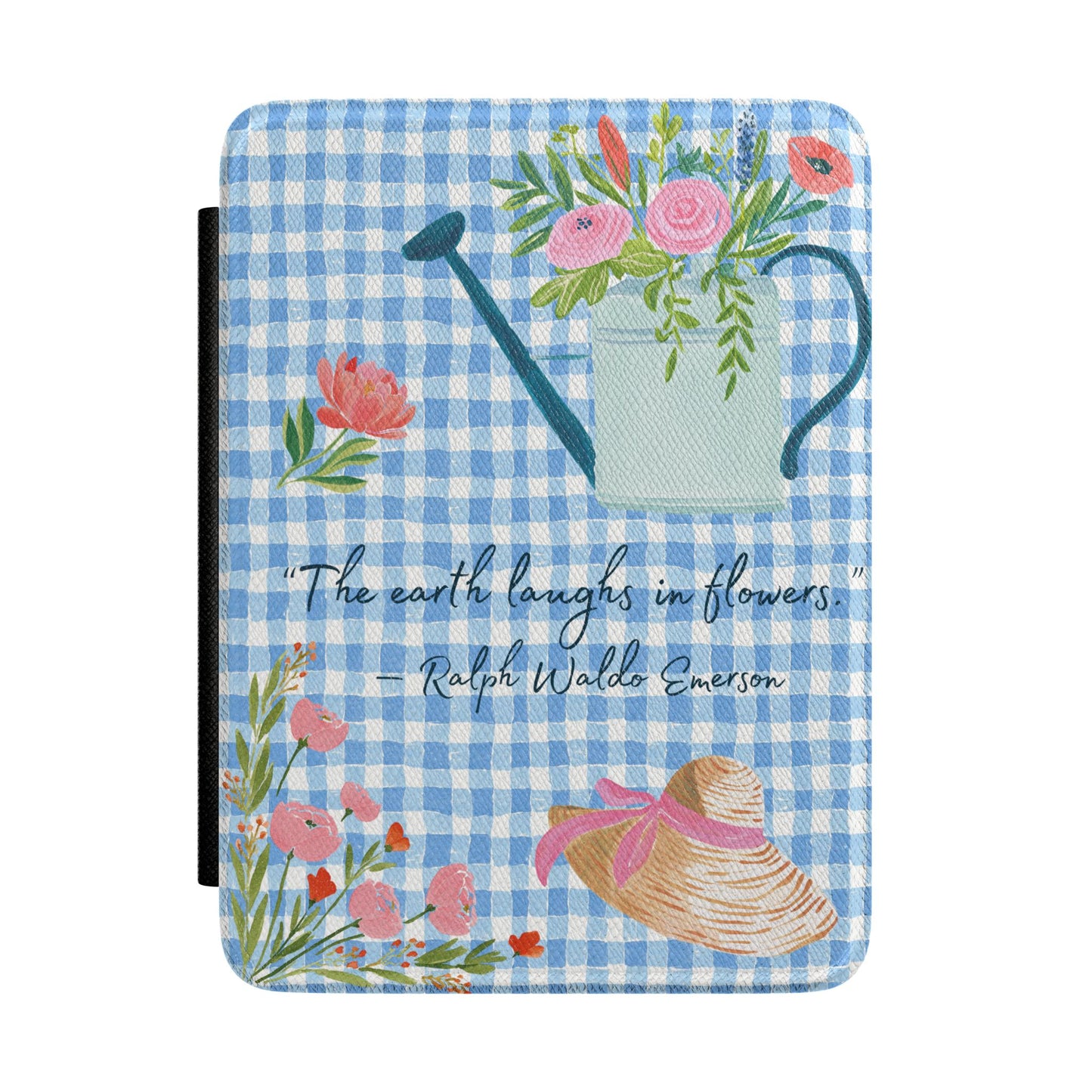 Cottagecore Quote Kindle Case – Blue Gingham “The Earth Laughs in Flowers” E-Reader Cover for Book Lovers