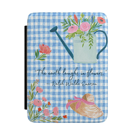 Cottagecore Quote Kindle Case – Blue Gingham “The Earth Laughs in Flowers” E-Reader Cover for Book Lovers