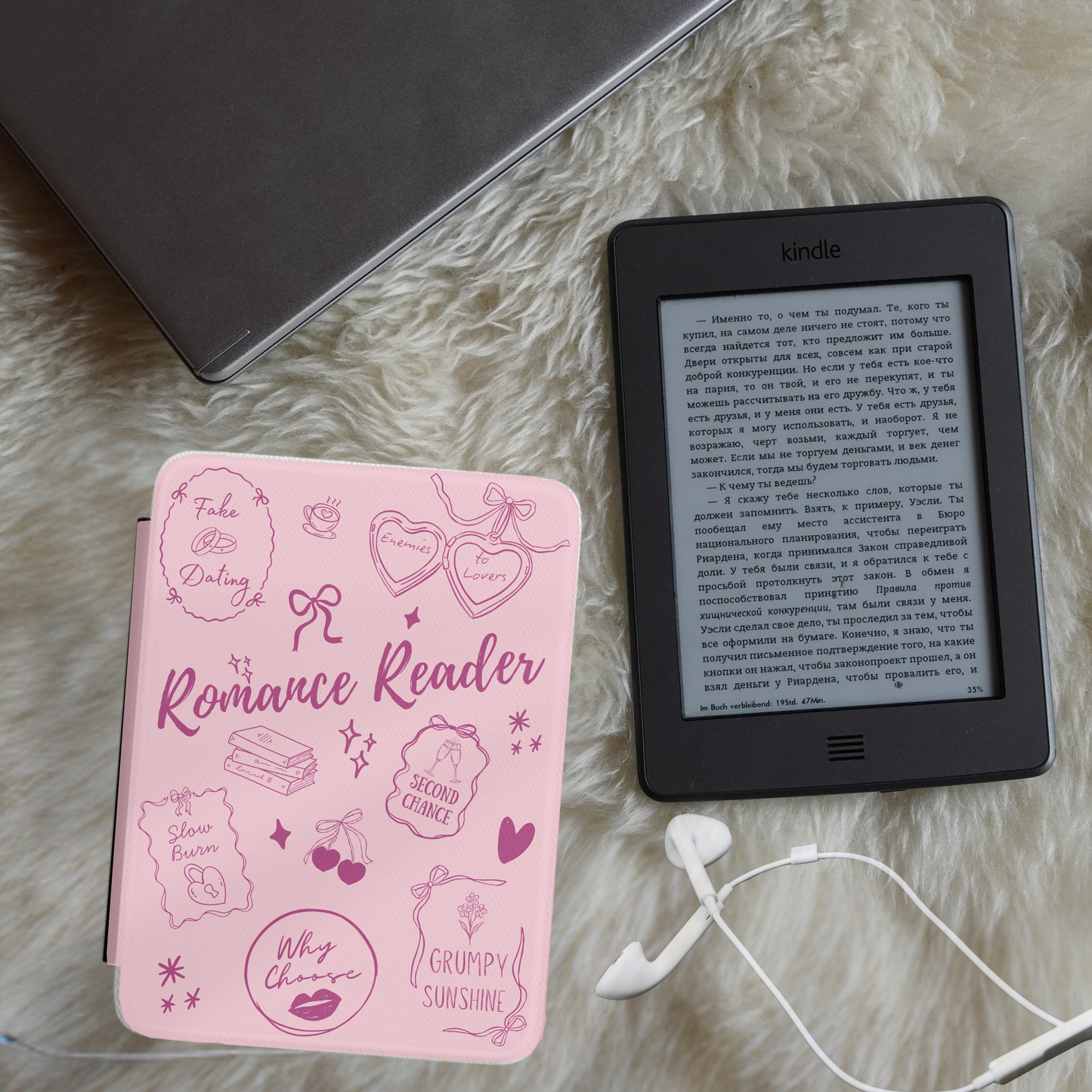 Romance Reader Kindle Case – Pink Book Tropes Aesthetic E-Reader Cover for Romance Lovers