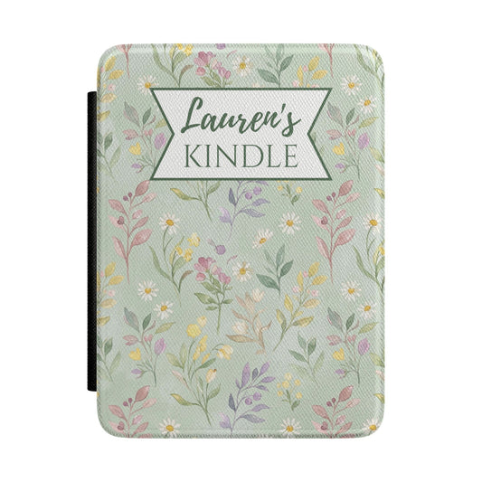 Personalized Cottagecore Kindle Case – Sage Green Floral Custom Name Aesthetic E-Reader Cover for Book Lovers